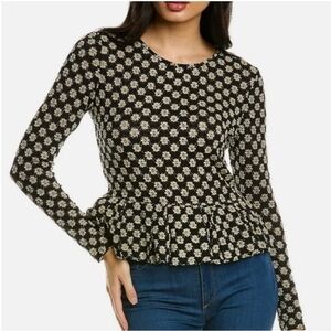 Rebecca Taylor Lace Peplum Top Small Black Long Sleeve Floral Coquette Boho